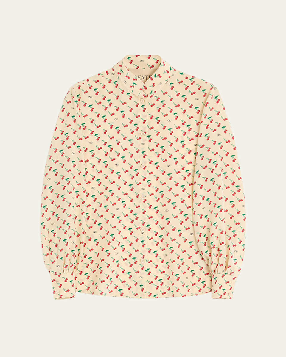 Cherry Print Crepe De Chine Button-Down Blouse